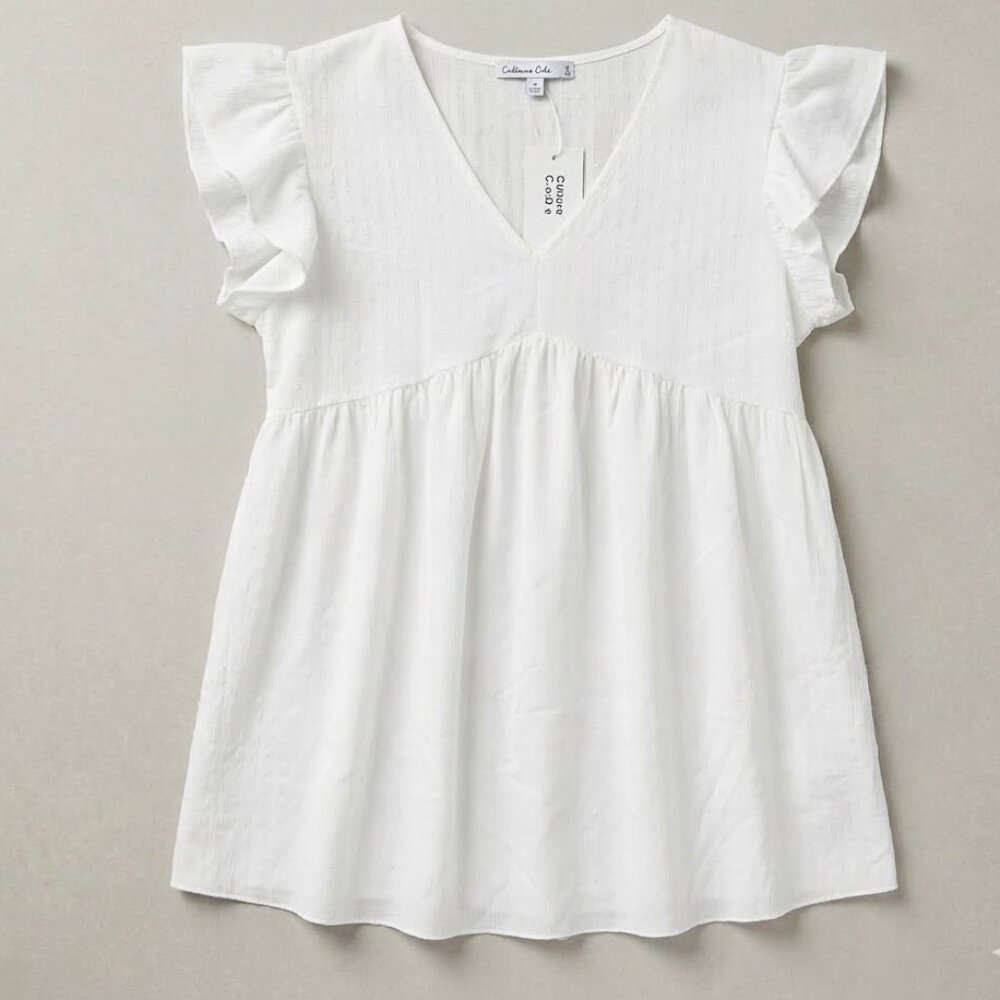 NWT Culture Code Womens Small White Flutter Sleeve V-Neck Babydoll Top